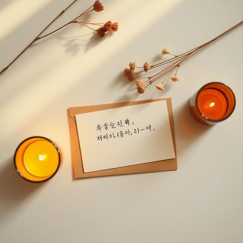 손편지 카드와 마른 꽃, 앰버 캔들이 놓인 책상